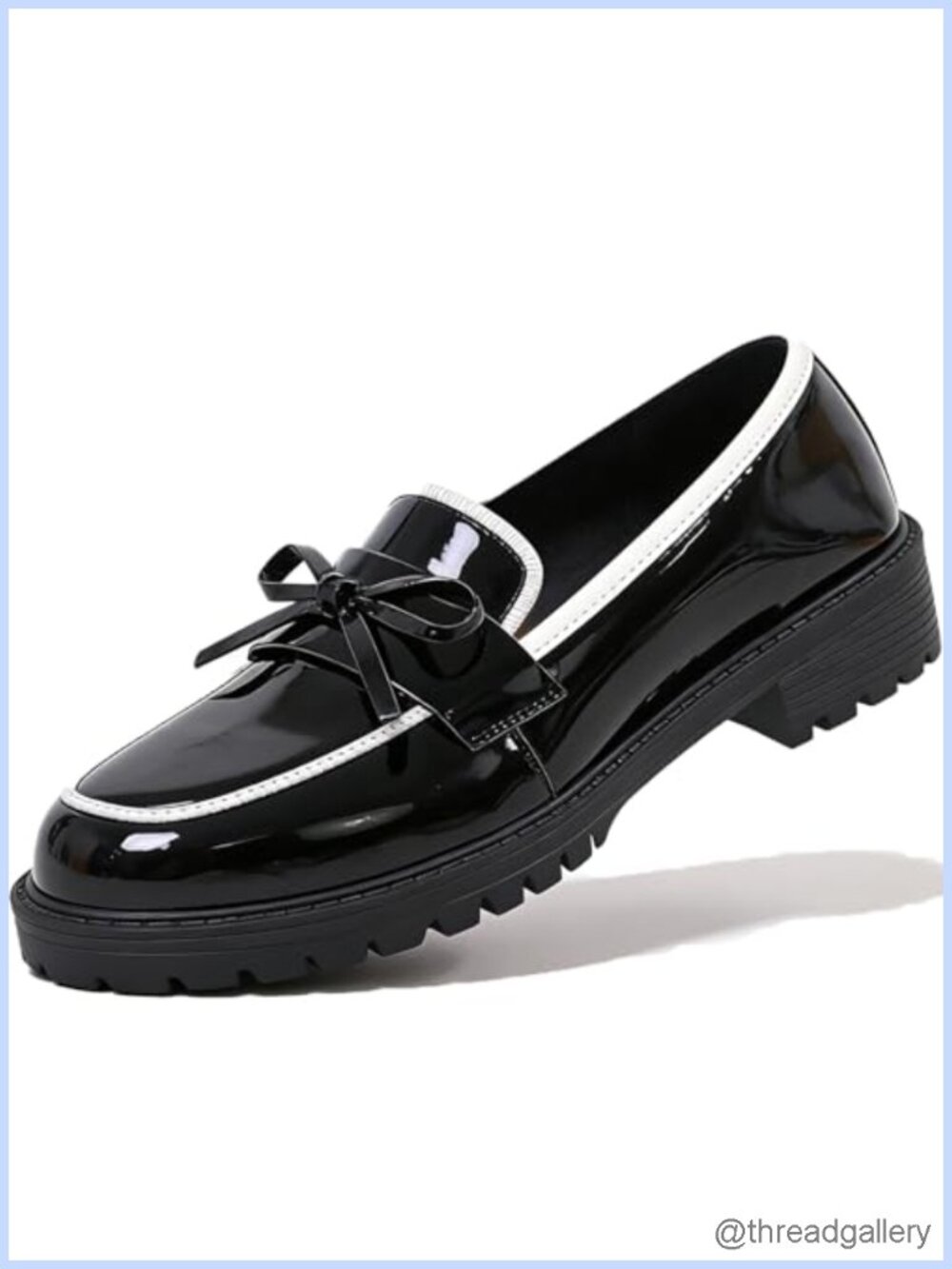 Womens Patent Leather Chunky Heel Bow Loafers Round Toe Dress Shoes